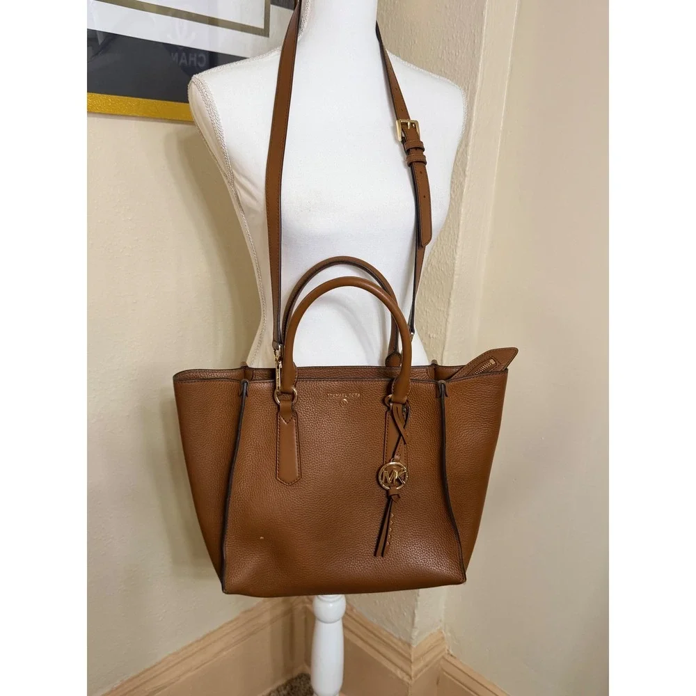 Michael Kors Pebbled Leather Satchel Bag Luggage Brown Gold Tone Hardware